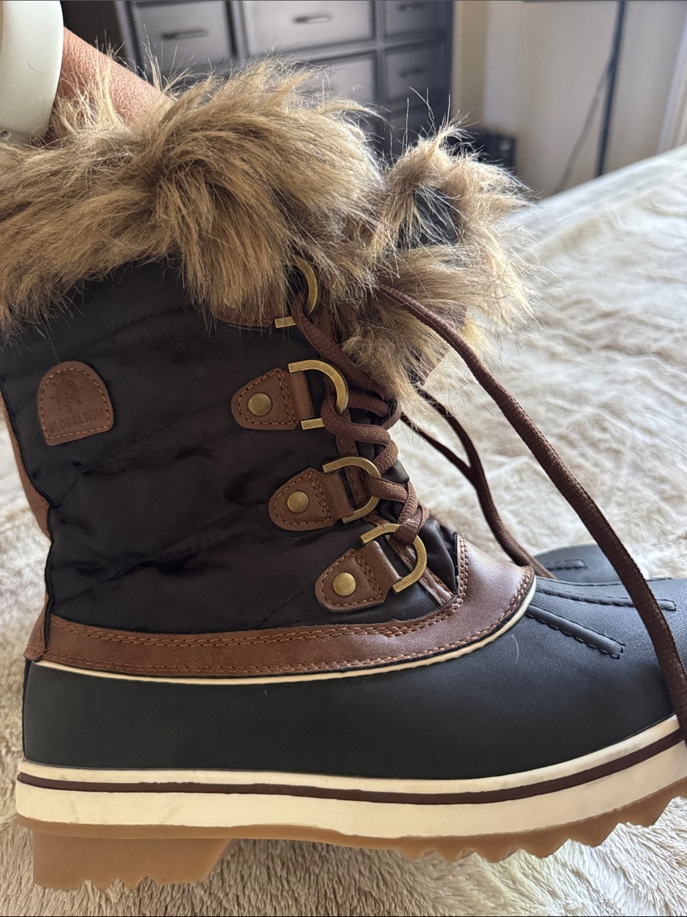 Women’s Brown and Black Faux-Fur Lace-Up Winter Boot